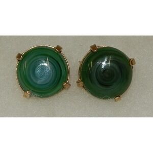 Vintage Castlecliff Signed Green Swirl Glass Stone Cabochon Clip Earrings